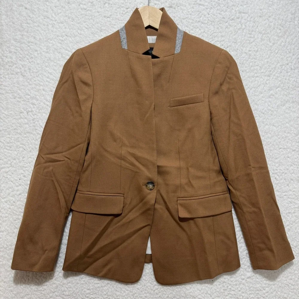 J. Crew Regent 0P Wool Blazer Jacket Brown Tan Mandarin Collar Button Front‎